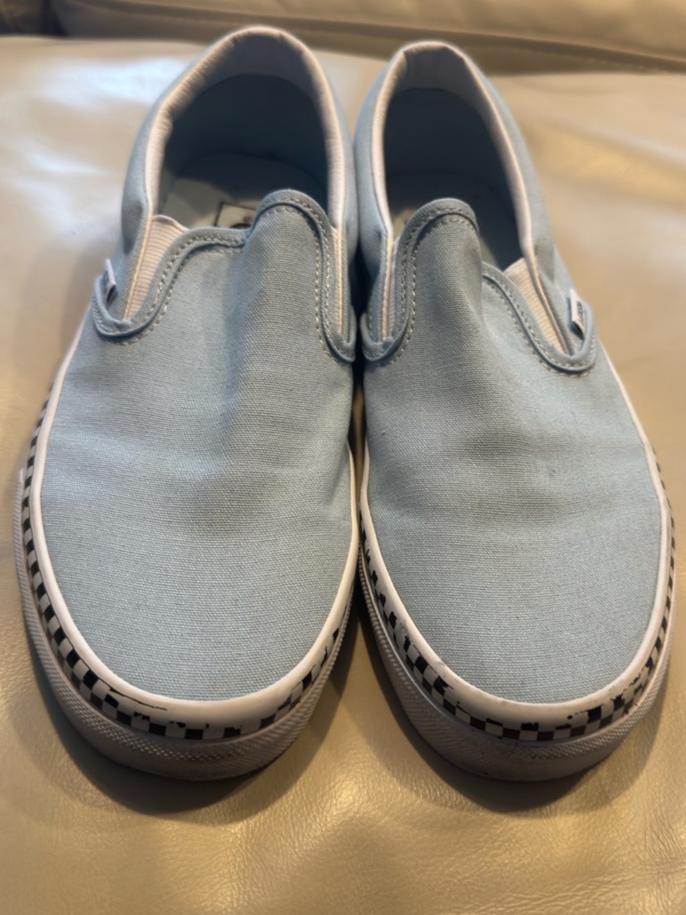 Light Blue Canvas Slip-On Sneakers with Checker Trim Unisex W Sz8/M Sz 6.5